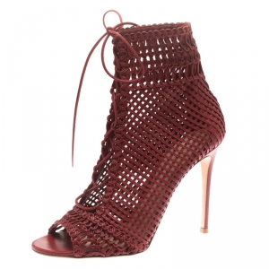 Pre Owned Gianvito Rossi Burgundy Woven Leather Marnie Lace Up Peep Toe Ankle Boots Size 41
