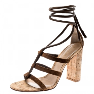 Pre Owned Gianvito Rossi Brown Suede And Leather Cayman Ankle Wrap Strappy Sandals Size 38
