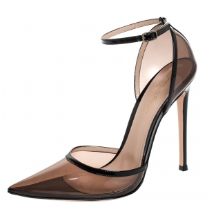 Pre Owned Gianvito Rossi Black Patent Leather And PVC D'orsay Sabin Pointed Toe Ankle Strap Pumps Size 39.5