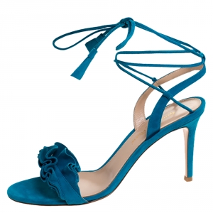 Pre Owned Gianvito Rossi Blue Suede Ruffled Ankle Wrap Sandals Sandals 38