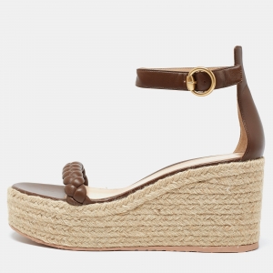 Gianvito Rossi Brown Braided Leather Merida Wedge Espadrille Platform Ankle Strap Sandals Size 40