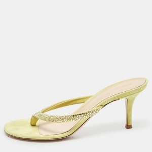 Pre Owned Gianvito Rossi Yellow Crystal Embellished Suede Thong Sandals Size 37