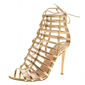 Pre Owned Gianvito Rossi Metallic Gold Leather Roxy Lace Up Caged Sandals Size 38