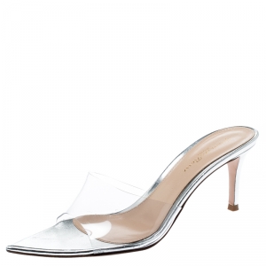 Pre Owned Gianvito Rossi PVC And Metallic Silver Leather Peep Toe Slides Size 36.5