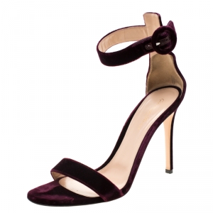 Pre Owned Gianvito Rossi Burgundy Velvet Portofino Ankle Strap Sandals Size 40