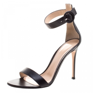 Pre Owned Gianvito Rossi Black Leather Portofino Ankle Strap Sandals Size 37.5