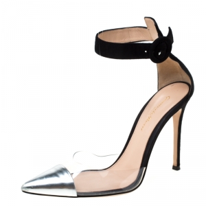 Pre Owned Gianvito Rossi Black/Silver Leather And PVC Ankle Strap Pointed Toe Sandals Size 37