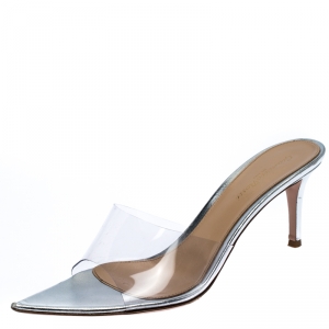 Pre Owned Gianvito Rossi Silver PVC Plexi Illusions Pin Heel Slide Sandals Size 39
