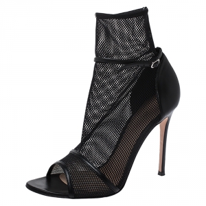 Pre Owned Gianvito Rossi Black Mesh And Leather Trim Idol Peep Toe Booties Size 40