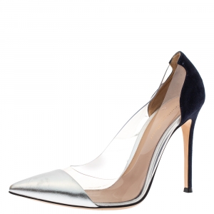 Pre Owned Gianvito Rossi Silver/Blue Leather/Suede and  PVC Plexi Pointed Toe Pump Size 39