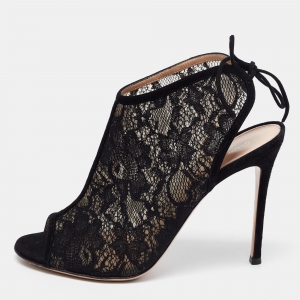 Pre Owned Gianvito Rossi Black Lace Peep Toe Cut Out Booties Size 39.5