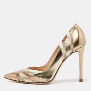 Pre Owned Gianvito Rossi Gold Leather and PVC Pointed Toe Pumps Size 35.5