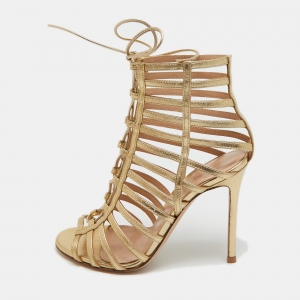 Pre Owned Gianvito Rossi Metallic Gold Leather Lace Up Caged Sandals Size 36 