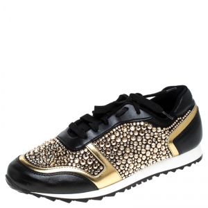 Pre Owned Gina Black Leather/Satin Luminosa Swarovski Sneakers Size 41