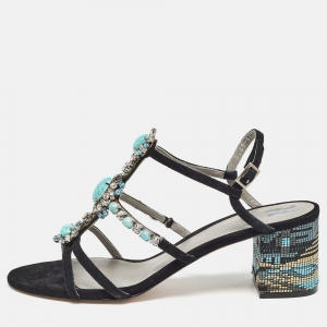 Gina Black Suede Crystal Embellished Slingback Sandals Size 41