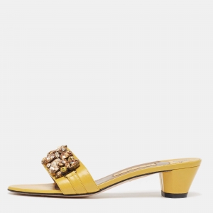 Gina Yellow Leather Crystal Embellished Slide Sandals Size 39