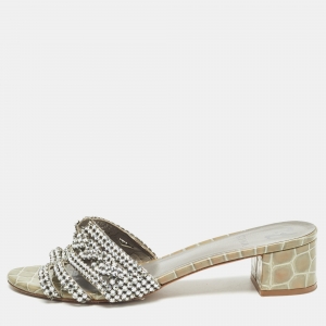 Pre Owned Gina Green Croc Embossed Patent Leather Crystal Embellished Sandals Size 40