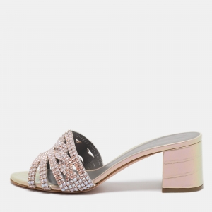 Gina Pink Crystal Embellished Leather Orsay Block Heel Slide Sandals Size 39.5