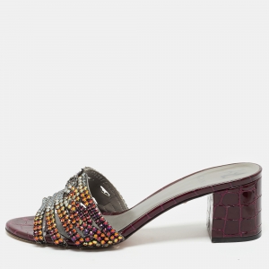 Gina Burgundy Croc Embossed Patent Leather Crystal Embellished Visage Slide Sandals Size 40
