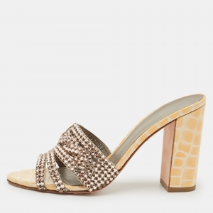 Pre Owned Gina Two Tone Croc Embossed Patent Leather Crystal Embellished Slide Sandals Size 38.5