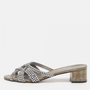 Pre Owned Gina Size 38.5 Grey Croc Embossed Leather Crystal Embellished Slide Sandals