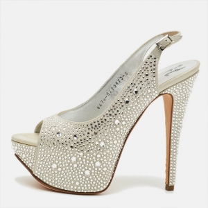 مملوكة مسبقًا صندل سيلينج باك جينا مزخرف كريستال ستان رمادي منصة مقاس 38