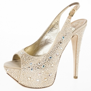 مملوكة مسبقًا Gina Camel Satin Sion Swarovski Slingback Sandals Size 37.5