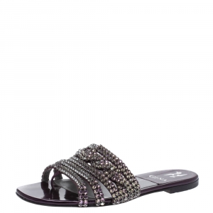 Pre Owned Gina Purple Leather Crystal Embellished Flat Slides Size 37