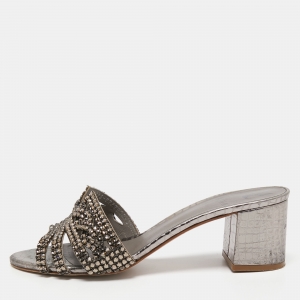 Gina Silver Croc Embossed Leather Crystal Embellished Slide Sandals Size 39.5