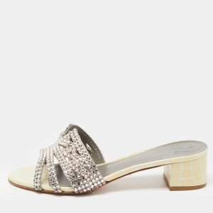 Gina Cream Croc Embossed Patent Leather Crystal Embellished Hayworth Sandals Size 39.5