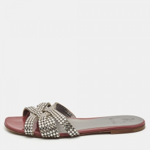 Gina Silver/Brown Leather and Patent Crystal Embellished Slide Flats Size 40
