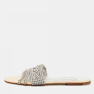 Gina Cream Leather Crystal Embellished Flat Slides Size 40.5
