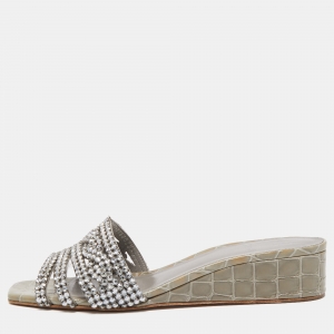 Gina Green Croc Embossed Patent Leather Crystal Embellished Slides Size 39