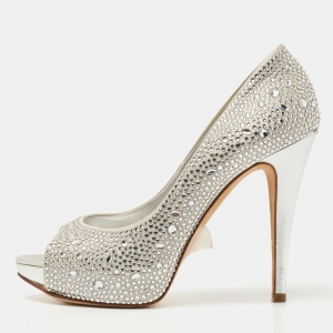 Gina Silver Crystal Embellished Satin Open Toe Platform Pumps Size 38.5