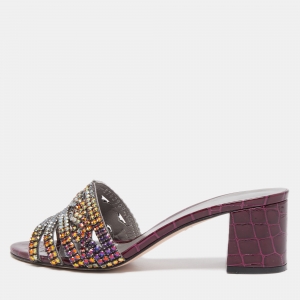 Pre Owned Gina Purple Crystal Embellished Leather Slide Sandals Size 37.5