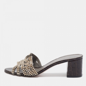 Gina Brown Croc Embossed Patent Leather Crystal Embellished Slides Size 39