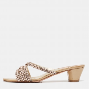 Gina Beige Patent Leather Crystals Embellished Slide Sandals Size 39.5 