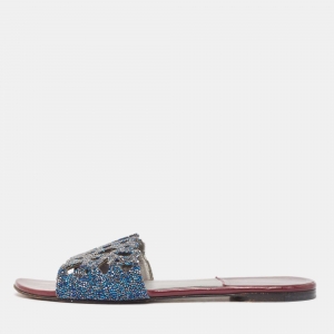 Gina Blue Crystal Embellished Cut Out Flat Slides Size 39.5