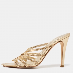 Gina Gold Crystal Embellished Leather Slide Sandals Size 37.5