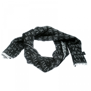مملوكة مسبقًا Giorgio Armani Black Logo Pattern Wool and Modal Jacquard Fringed Edge Scarf