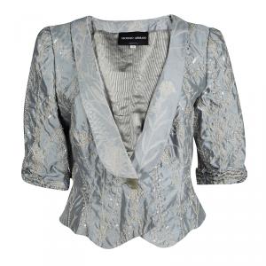 Pre Owned Giorgio Armani Grey Floral Jacquard Silk Embellished Cropped Jacket L