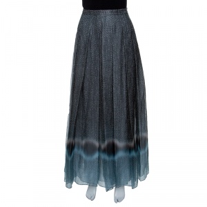 Pre Owned Giorgio Armani Grey and Blue Dotted Pleated Silk Maxi Skirt M