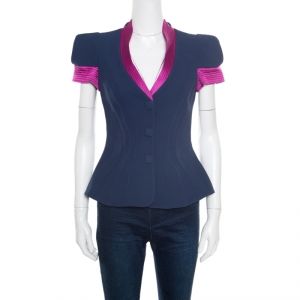 Giorgio Armani Navy Blue Silk Contrast Trim Detail Short Sleeve Jacket S