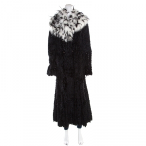 Giorgio Armani Black Sheared Mink Contrast Fox Collar Long Coat L