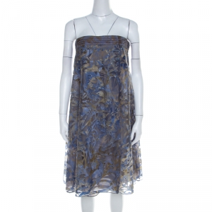 Giorgio Armani Blue Patterned Tulle Crystal Embellished Strapless Dress S