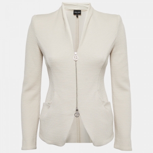 Giorgio Armani Cream Textured Stretch Cotton Double Zipper Jacket S