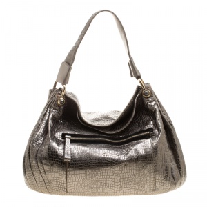 Giorgio Armani Metallic Silver Exotic Embossed Leather Hobo