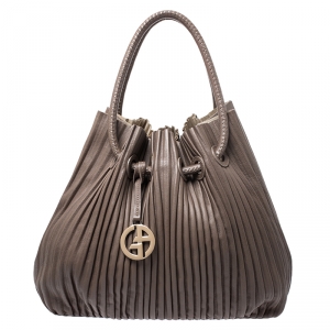 Giorgio Armani Brown Leather Pleated Hobo