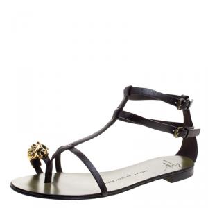 Pre Owned Giuseppe Zanotti Brown Leather Leo Gladiator Flat Sandals Size 37.5
