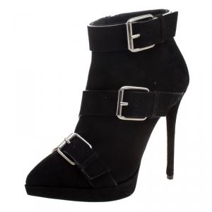 Pre Owned Giuseppe Zanotti Black Buckled Suede Platform Ankle Boots Size 38